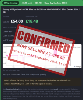 A posted lead, re-checked live and stamped confirmed, showing the price it now sells for.